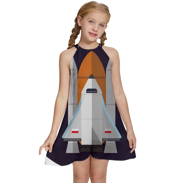 Rocket Space Universe Spaceship Kids  Halter Collar Waist Tie Chiffon Dress