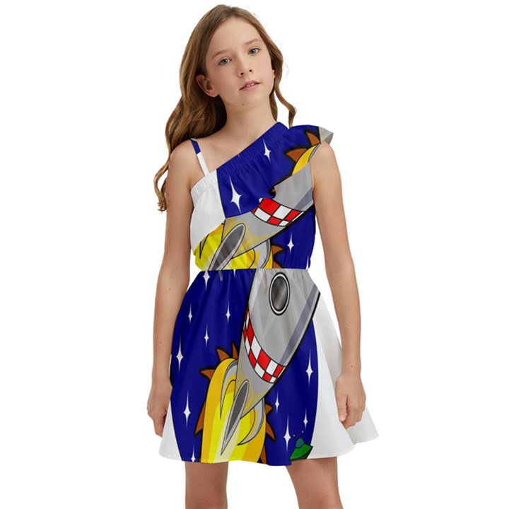 Rocket Ship Launch Vehicle Moon Kids  One Shoulder Party Dress