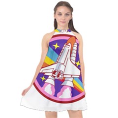 Badge Patch Pink Rainbow Rocket Halter Neckline Chiffon Dress  by Salman4z