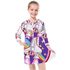 Badge Patch Pink Rainbow Rocket Kids  Quarter Sleeve Shirt Dress by Salman4z