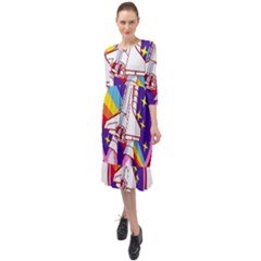 Badge Patch Pink Rainbow Rocket Ruffle End Midi Chiffon Dress by Salman4z