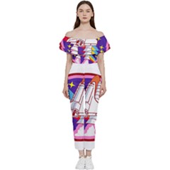 Badge Patch Pink Rainbow Rocket Off Shoulder Ruffle Top Jumpsuit by Salman4z