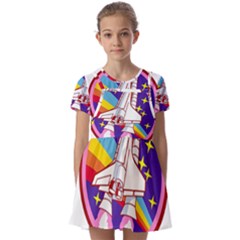 Badge Patch Pink Rainbow Rocket Kids  Short Sleeve Pinafore Style Dress by Salman4z