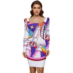 Badge Patch Pink Rainbow Rocket Women Long Sleeve Ruched Stretch Jersey Dress by Salman4z