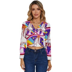 Badge Patch Pink Rainbow Rocket Long Sleeve V-neck Top by Salman4z