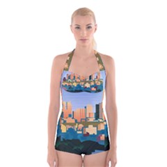 City Buildings Urban Dawn Boyleg Halter Swimsuit  by Salman4z