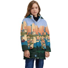 City Buildings Urban Dawn Kids  Hooded Longline Puffer Jacket by Salman4z