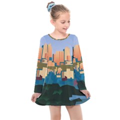 City Buildings Urban Dawn Kids  Long Sleeve Dress by Salman4z