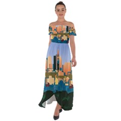 City Buildings Urban Dawn Off Shoulder Open Front Chiffon Dress by Salman4z