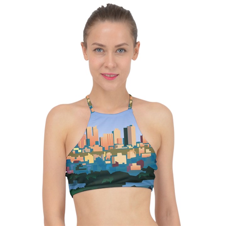 City Buildings Urban Dawn Racer Front Bikini Top