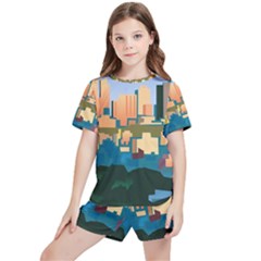 City Buildings Urban Dawn Kids  Tee And Sports Shorts Set by Salman4z