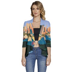 City Buildings Urban Dawn Women s 3/4 Sleeve Ruffle Edge Open Front Jacket by Salman4z