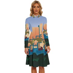 City Buildings Urban Dawn Long Sleeve Shirt Collar A-line Dress by Salman4z