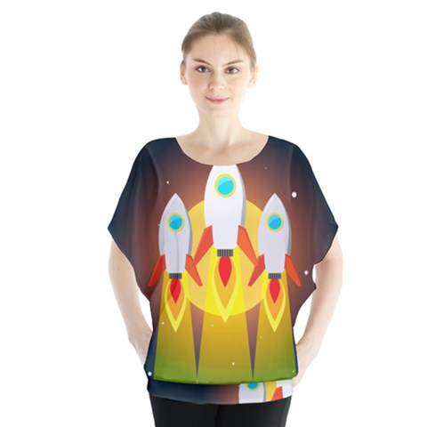 Rocket Take Off Missiles Cosmos Batwing Chiffon Blouse by Salman4z