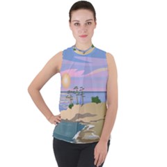 Vacation Island Sunset Sunrise Mock Neck Chiffon Sleeveless Top by Salman4z