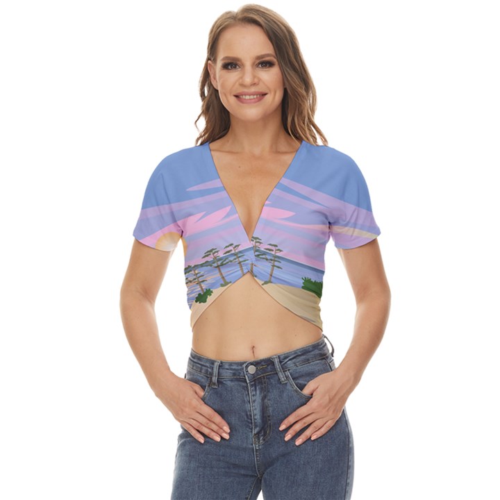 Vacation Island Sunset Sunrise Twist Front Crop Top