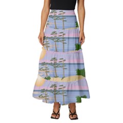 Vacation Island Sunset Sunrise Tiered Ruffle Maxi Skirt by Salman4z