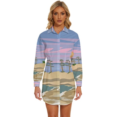 Vacation Island Sunset Sunrise Womens Long Sleeve Shirt Dress by Salman4z