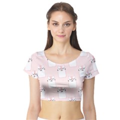 Pattern Pink Cute Sweet Fur Cats Short Sleeve Crop Top