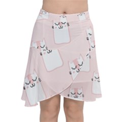 Pattern Pink Cute Sweet Fur Cats Chiffon Wrap Front Skirt