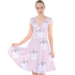 Pattern Pink Cute Sweet Fur Cats Cap Sleeve Front Wrap Midi Dress