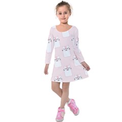 Pattern Pink Cute Sweet Fur Cats Kids  Long Sleeve Velvet Dress