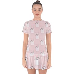 Pattern Pink Cute Sweet Fur Cats Drop Hem Mini Chiffon Dress