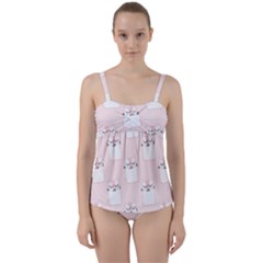 Pattern Pink Cute Sweet Fur Cats Twist Front Tankini Set