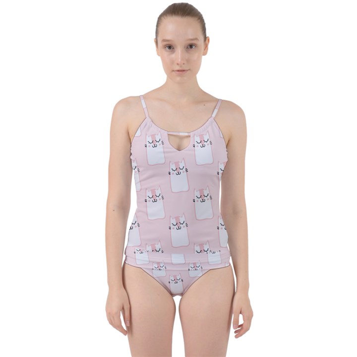 Pattern Pink Cute Sweet Fur Cats Cut Out Top Tankini Set