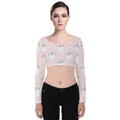 Pattern Pink Cute Sweet Fur Cats Velvet Long Sleeve Crop Top