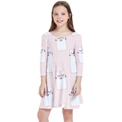 Pattern Pink Cute Sweet Fur Cats Kids  Quarter Sleeve Skater Dress