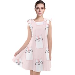 Pattern Pink Cute Sweet Fur Cats Tie Up Tunic Dress