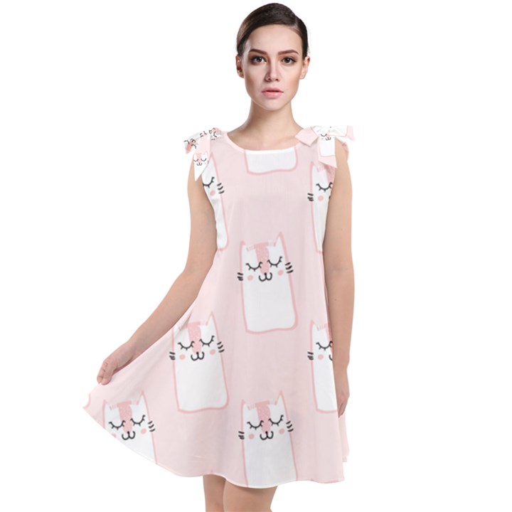 Pattern Pink Cute Sweet Fur Cats Tie Up Tunic Dress