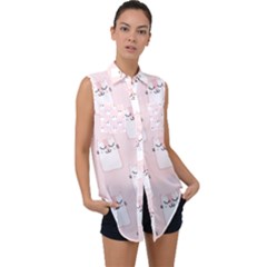 Pattern Pink Cute Sweet Fur Cats Sleeveless Chiffon Button Shirt