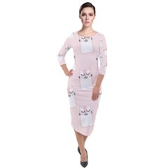 Pattern Pink Cute Sweet Fur Cats Quarter Sleeve Midi Velour Bodycon Dress