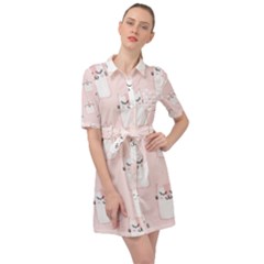 Pattern Pink Cute Sweet Fur Cats Belted Shirt Dress