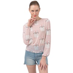 Pattern Pink Cute Sweet Fur Cats Banded Bottom Chiffon Top