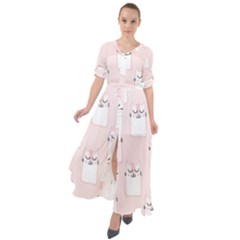 Pattern Pink Cute Sweet Fur Cats Waist Tie Boho Maxi Dress