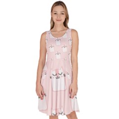 Pattern Pink Cute Sweet Fur Cats Knee Length Skater Dress With Pockets