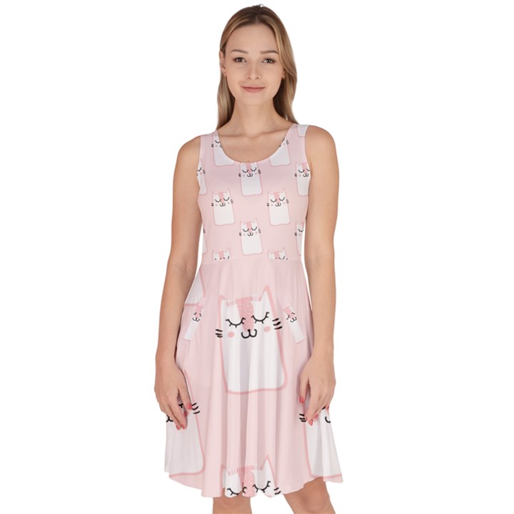 Pattern Pink Cute Sweet Fur Cats Knee Length Skater Dress With Pockets