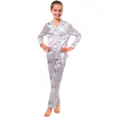 Pattern Pink Cute Sweet Fur Cats Kids  Satin Long Sleeve Pajamas Set