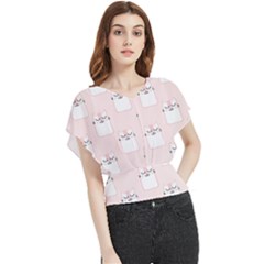 Pattern Pink Cute Sweet Fur Cats Butterfly Chiffon Blouse