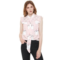 Pattern Pink Cute Sweet Fur Cats Frill Detail Shirt