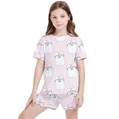 Pattern Pink Cute Sweet Fur Cats Kids  Tee And Sports Shorts Set