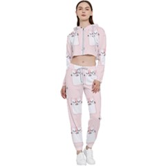 Pattern Pink Cute Sweet Fur Cats Cropped Zip Up Lounge Set