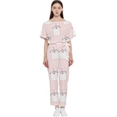 Pattern Pink Cute Sweet Fur Cats Batwing Lightweight Chiffon Jumpsuit