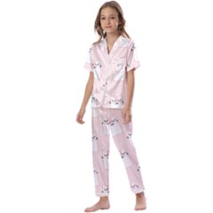 Pattern Pink Cute Sweet Fur Cats Kids  Satin Short Sleeve Pajamas Set