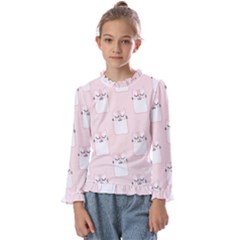 Pattern Pink Cute Sweet Fur Cats Kids  Frill Detail Tee