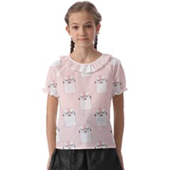 Pattern Pink Cute Sweet Fur Cats Kids  Frill Chiffon Blouse