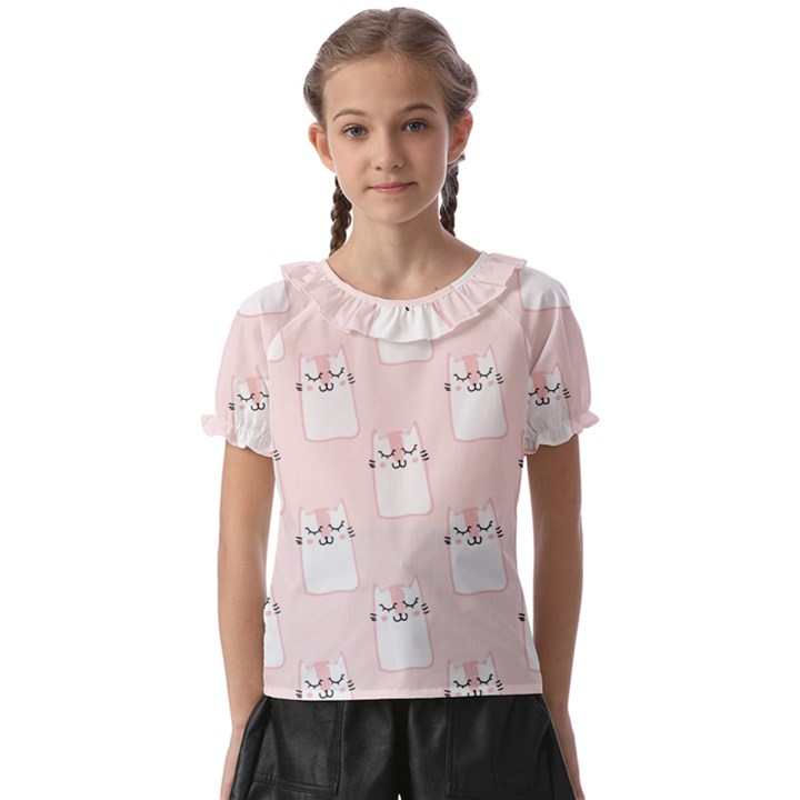 Pattern Pink Cute Sweet Fur Cats Kids  Frill Chiffon Blouse